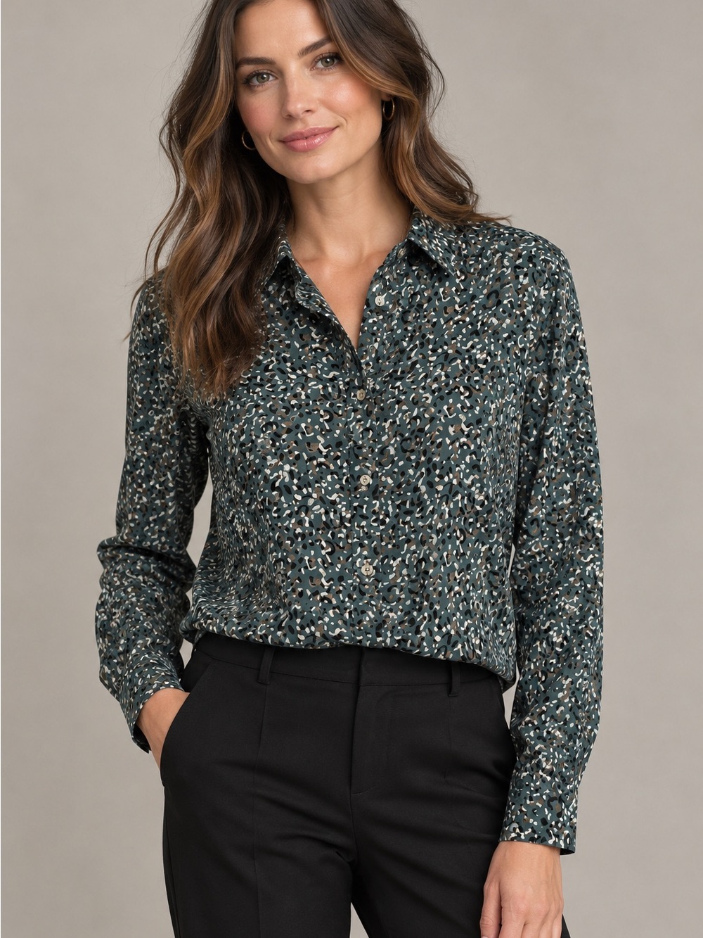 HEMA Teal Abstract Print Button-Up Blouse | Office Chic | Fall